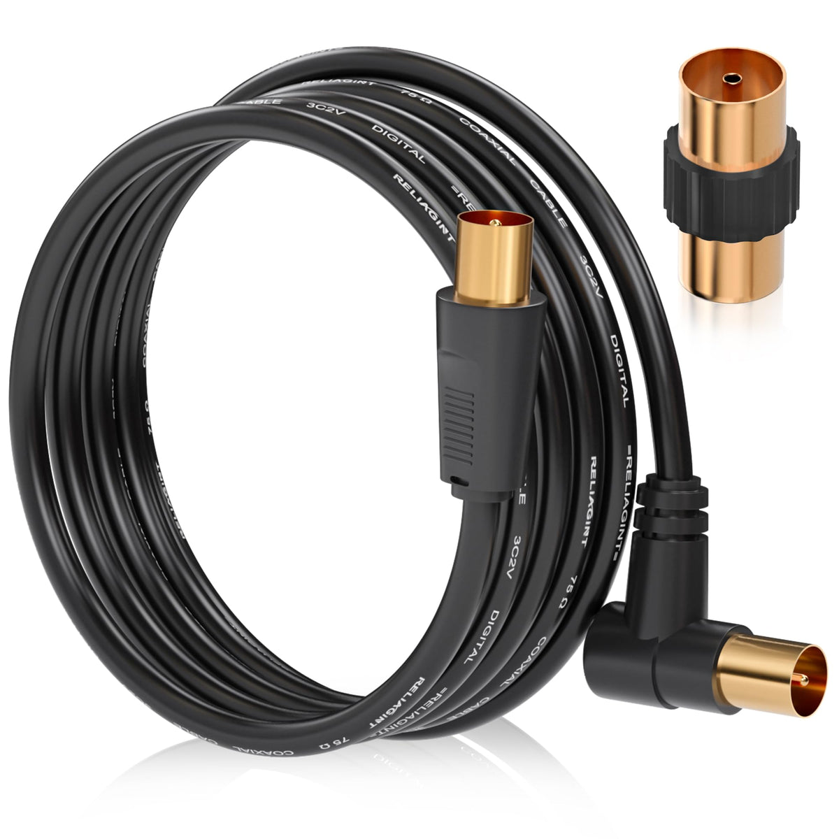TV Aerial Cable 1m, 75 Ohm Coaxial Lead, IEC 9.5mm Male to Male 3C2V Pure Copper Dual Shielded, Right-Angle Connector, Female to Female Adaptor Included, Black