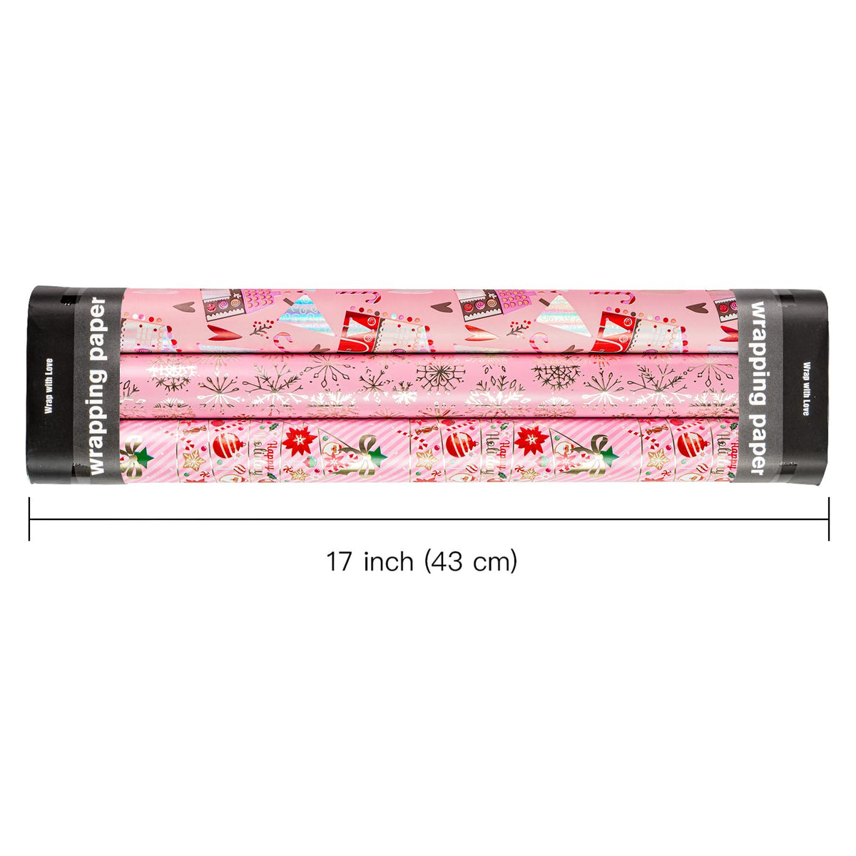RUSPEPA Christmas Wrapping Paper Roll - Mini Roll - 3 Rolls - 43.2cm x 3m Per Roll - Bird, Christmas Garland, Holly and Pinecones Holiday Design with Metallic Foil Shine
