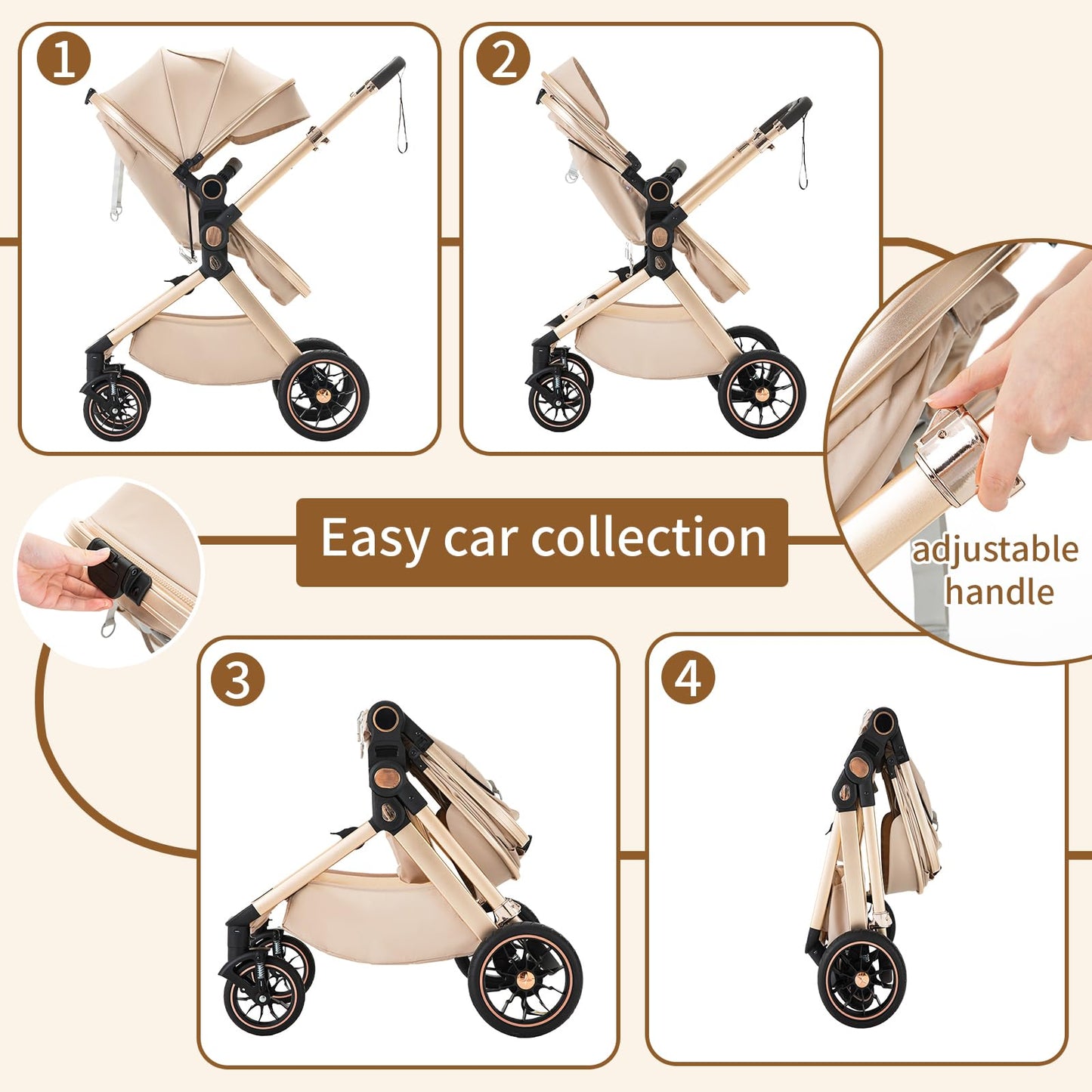 BEBBY Stroller 3-in-1 Baby 3 in 1 with Seat with Foldable Aluminium Frame, Compact Stroller with Adjustable Armrests, Combined Strollers,High Landscape Travel Pushchair (gen-H9-PINK, H9)