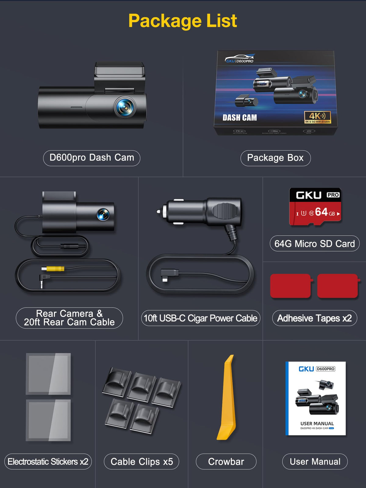 GKU 4K Dash Cam Front and Rear, 5GHz WiFi Dashcam with 64GB SD Card