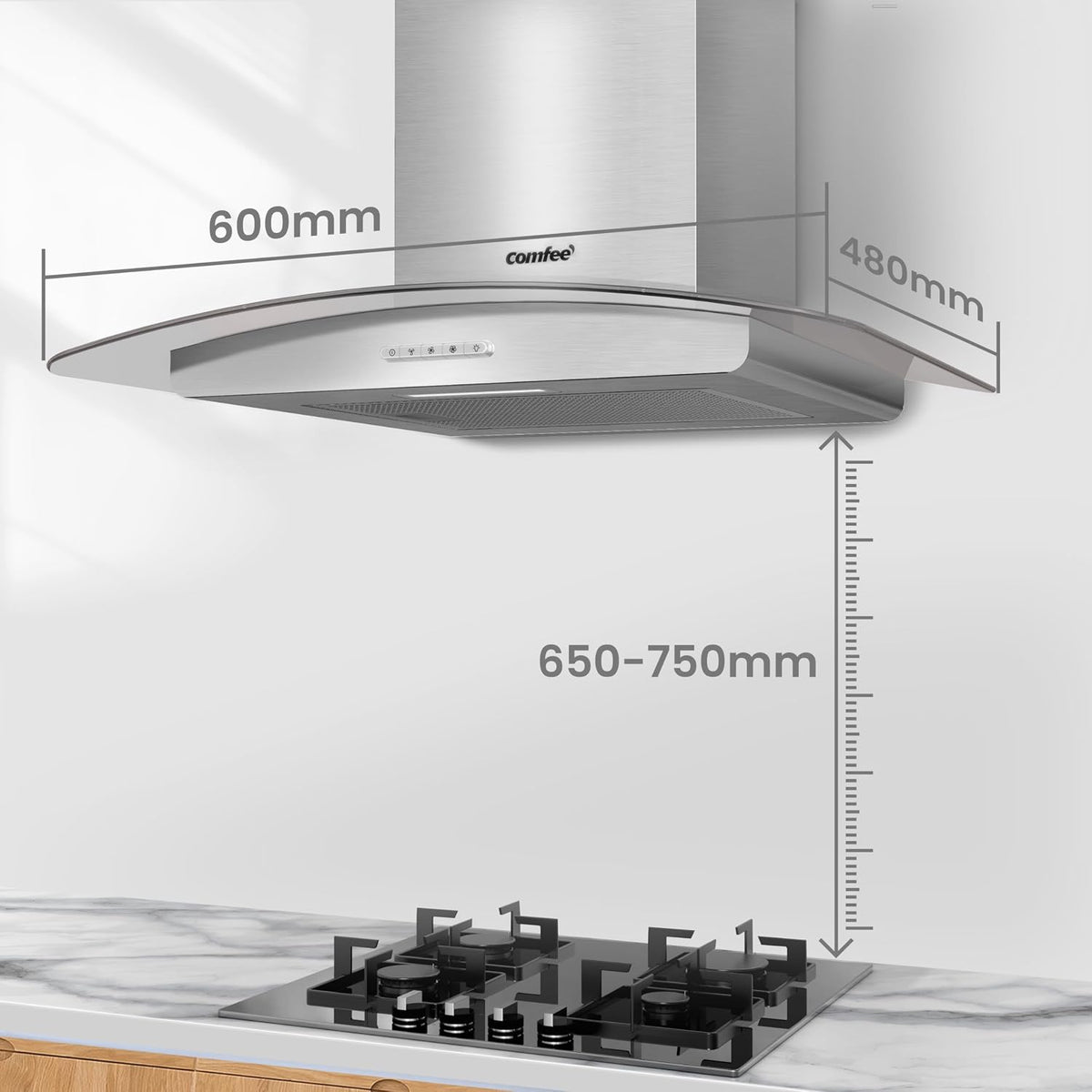 COMFEE' 60cm Cooker Hood, Glass Extractor Hood, Stainless Steel