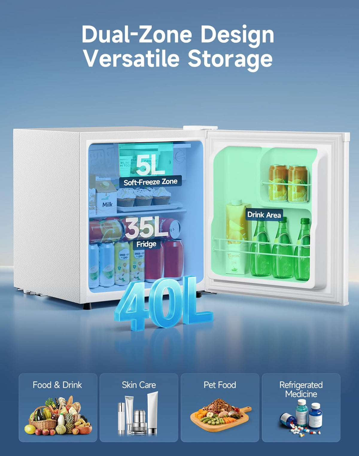 Table Top Fridge, 40L Mini Fridge With Chiller Box, Black
