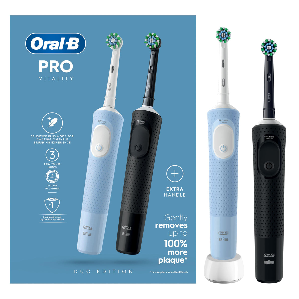 Oral-B Vitality Pro Electric Toothbrushes Adults, 1 Handle, 2 Oral B Electric Toothbrush Heads, 3 Brushing Modes Including Sensitive Plus, Rechargeable, 2 Pin UK Plug, Purple