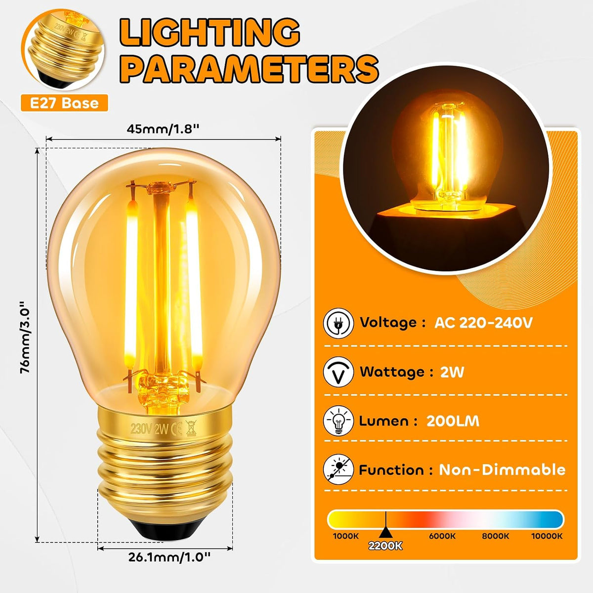 Caldarax Vintage Light Bulb E27 Edison Screw Bulb, 2W LED Filament Equivalent 20 Watt, Antique Style Retro Amber Glass 2200K Warm White, 200LM, AC 220V, Non-dimmable, Golf Ball G45 Bulb, 2 Packs