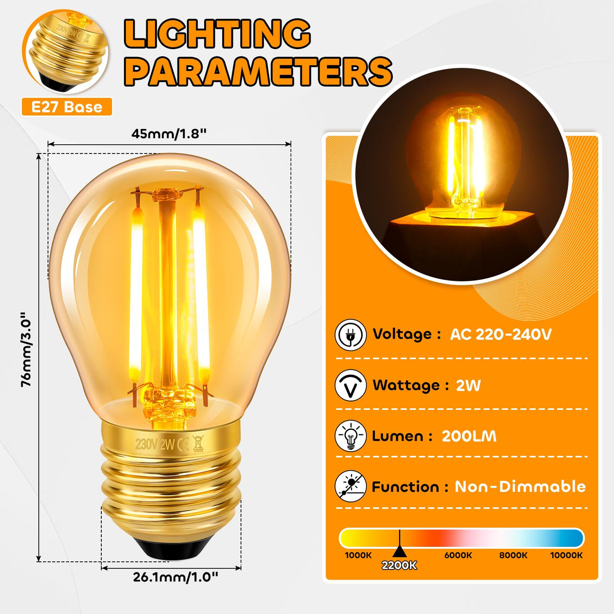 Caldarax Vintage Light Bulb E27 Edison Screw Bulb, 2W LED Filament Equivalent 20 Watt, Antique Style Retro Amber Glass 2200K Warm White, 200LM, AC 220V, Non-dimmable, Golf Ball G45 Bulb, 2 Packs