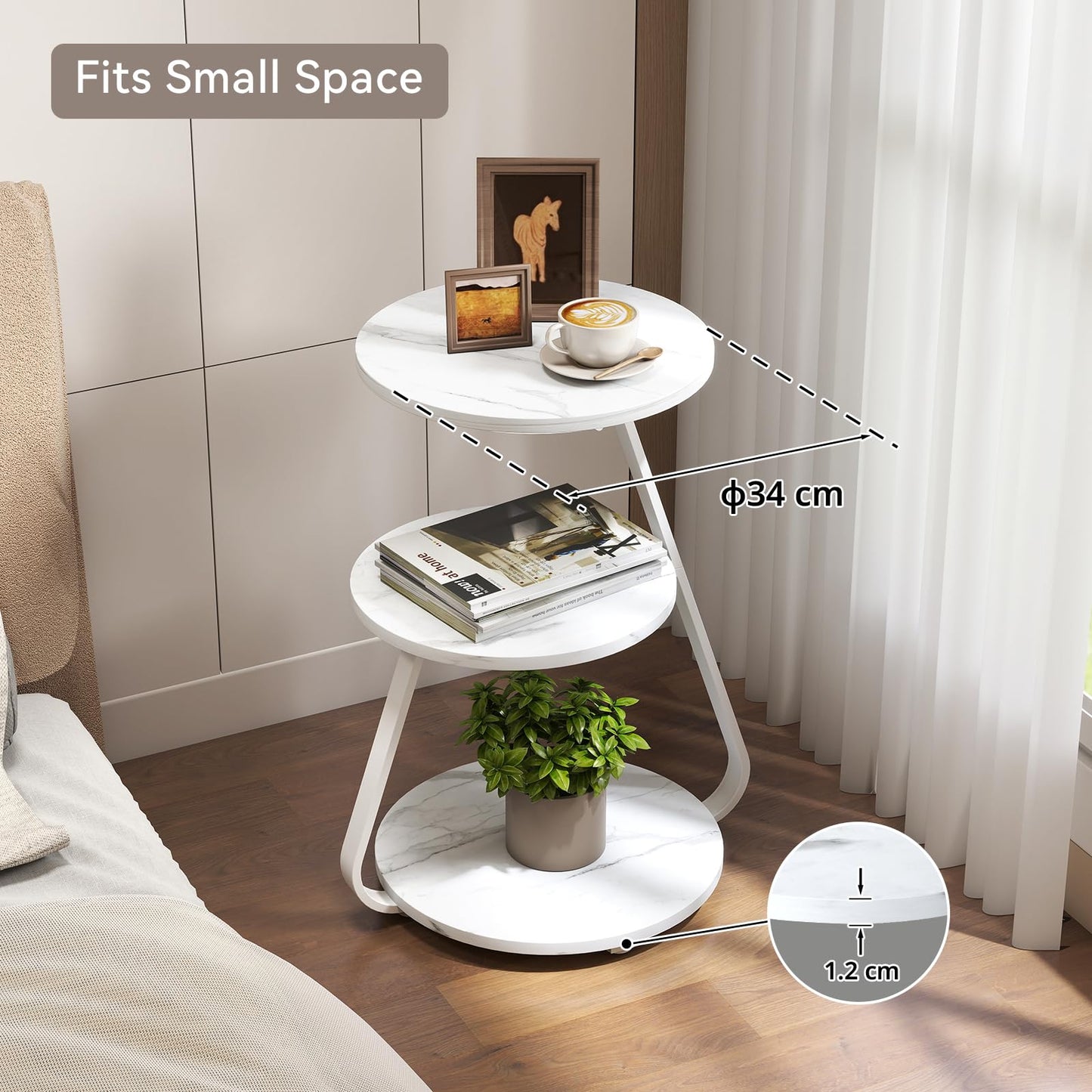 ARTETHYS Side Table, Small Round Coffee Table with 3 Color LED Lights, End Table with 3 Tier Storage Shelves, Bedside Sofa Side Tables for Living Room Bedroom, Rustic Brown