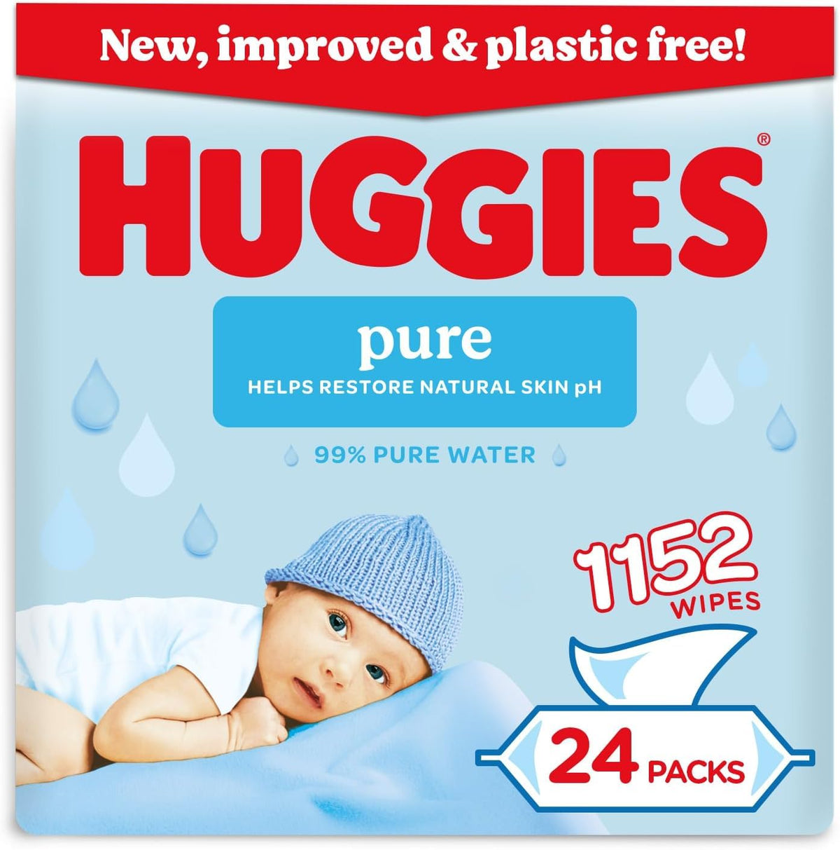 Huggies Pure Plastic Free Baby Wipes - Pack of 12 (576 Wipes) – 99% Water Wet Wipes, Fragrance Free, Hypoallergenic, Better Cleaning, Soft and Gentle on Babies' Delicate Skin