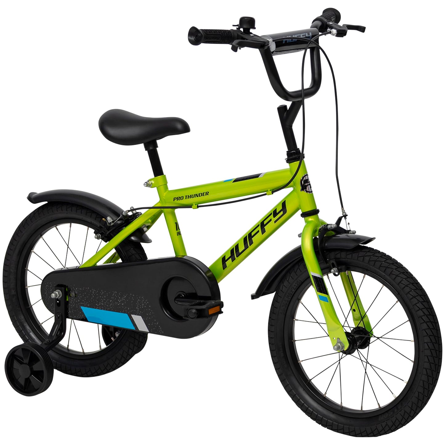 Huffy Pro Thunder Kids Bike 16" with Stabilisers, Bell & Handlebar Pad — Green