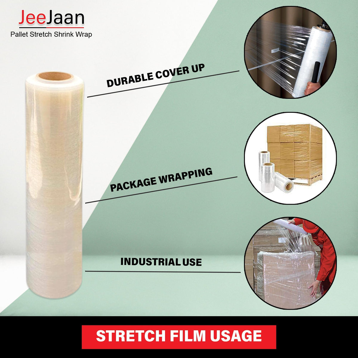 JeeJaan® 1 Roll Clear Pallet Wrap 400mm x 250m 20mu | Tear Resistant Stretch Film | Water & Moisture Proof Pallet Stretch Shrink Wrap | Multi-Use Strong Pallet Stretch Wrap