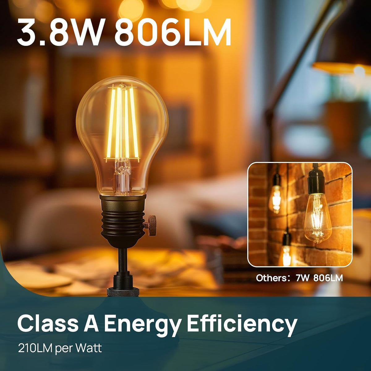 Linkind E27 LED Bulb, Ultra-efficient A-Rated 7.2W=100W Equivalent, 2700K Warm White 1521lm, Edison Screw in Light Bulb, Clear Glass Vintage Filament LED Bulb, 50000H Lifespan, 6 Pack