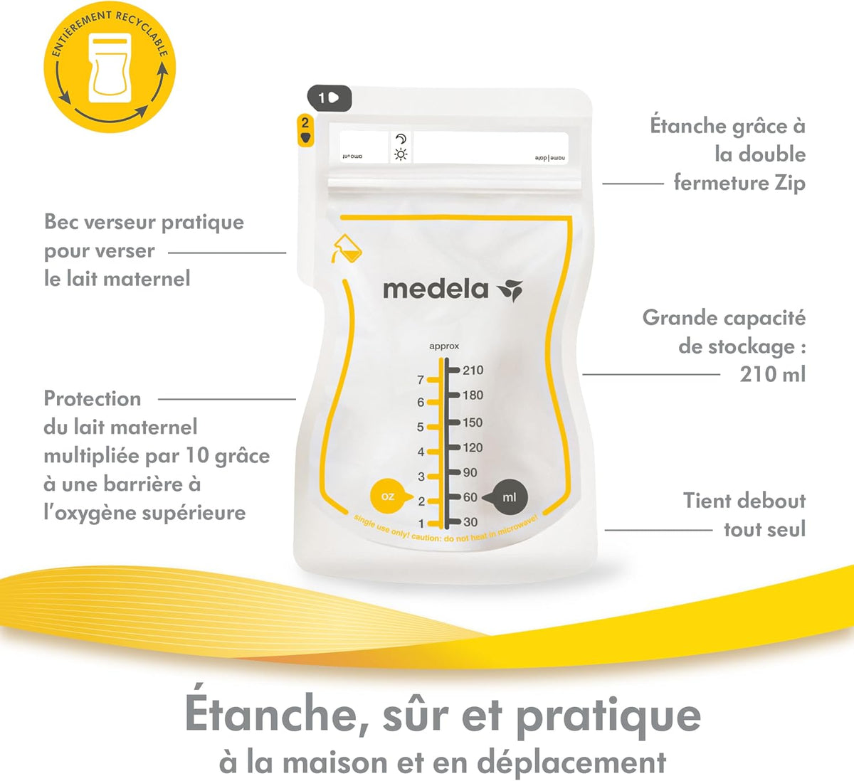 Medela Easy Pour Disposable Breastmilk Storage Bags, 210 ml Capacity, Leakproof Design with Milk Protection, Made Without BPA, Pack of 50