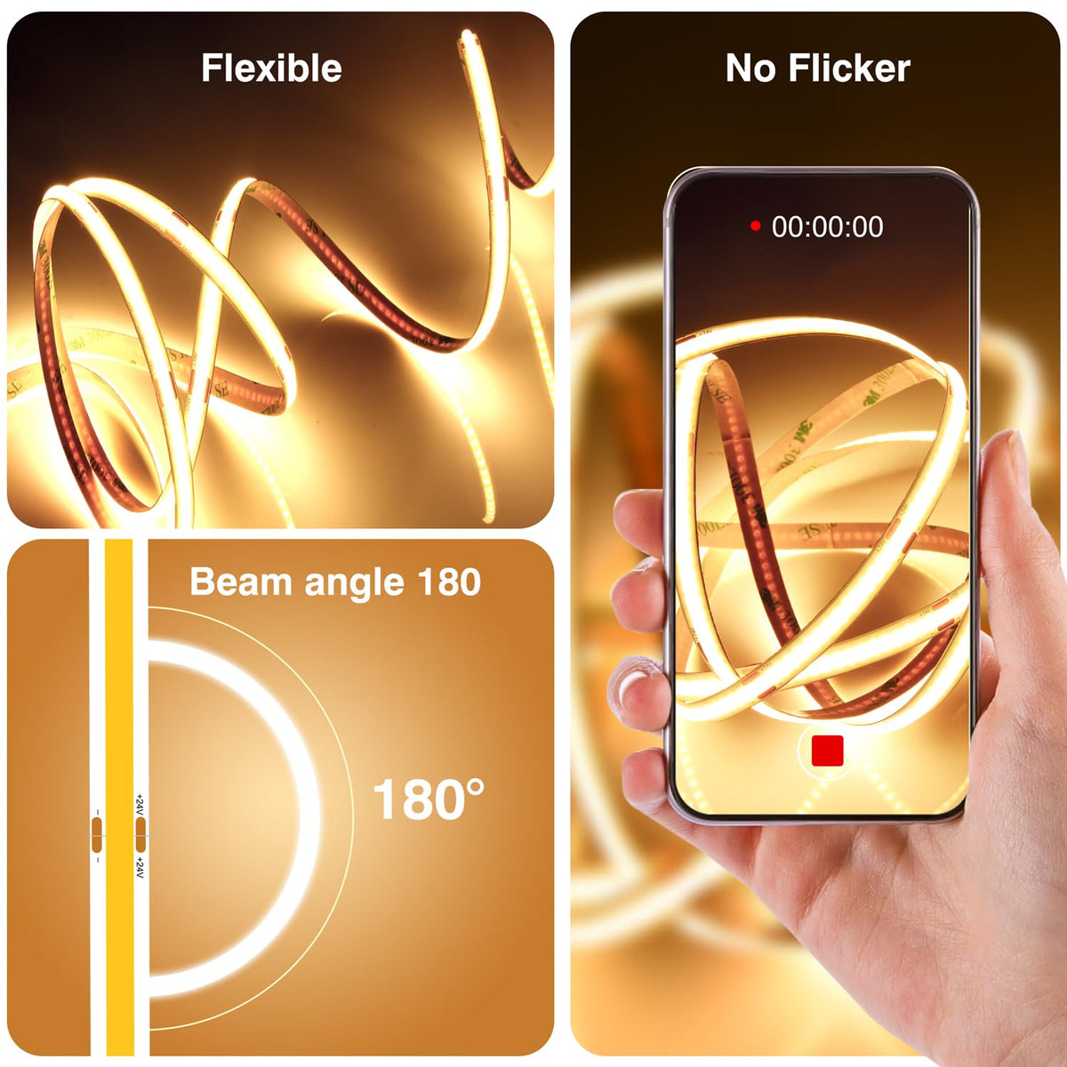 COB LED Strip 7.5m Warm White, 3000K, 24V, Remote Control, 8mm Wide