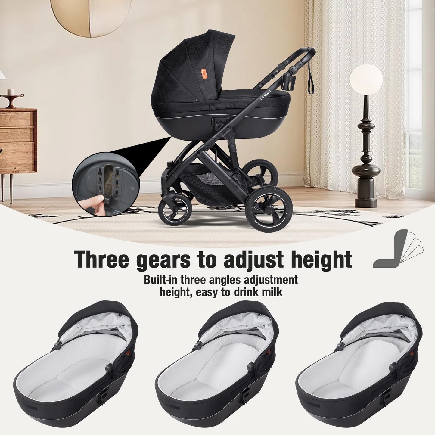 PU Leather 3 in 1 Pushchair Travel System, Toddler Stroller, Baby Pram 3 in 1, Infant Carriage with One-Click Folding, Newborn Buggy with Aluminum Frame (V6 Black)