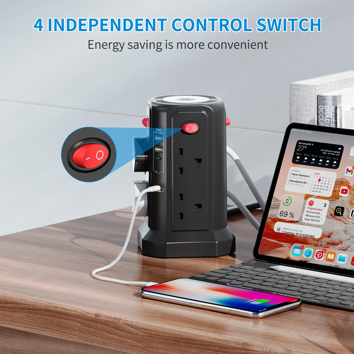 HAFINO Tower Extension Lead 3M with USB Slots and Night Light, 4 Switches