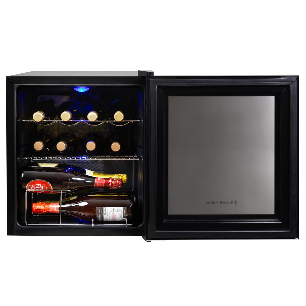 Russell Hobbs 20 Bottle 62L Mirrored Door Wine Cooler Freestanding Beverage Drinks Fridge, LED Light with Touch Control, Digital Display, Adjustable Shelves, Glass Door RH20WC201MR