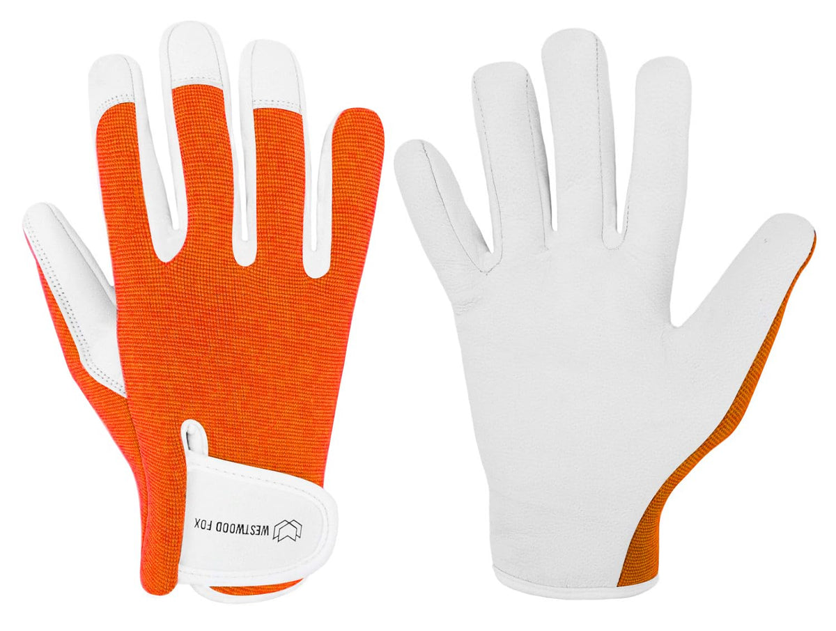 WESTWOOD FOX Ladies/Mens Leather Gardening Gloves Thorn Proof Rigger Garden work gloves, Safety Working Gloves, Premium Quality (Orange, S)