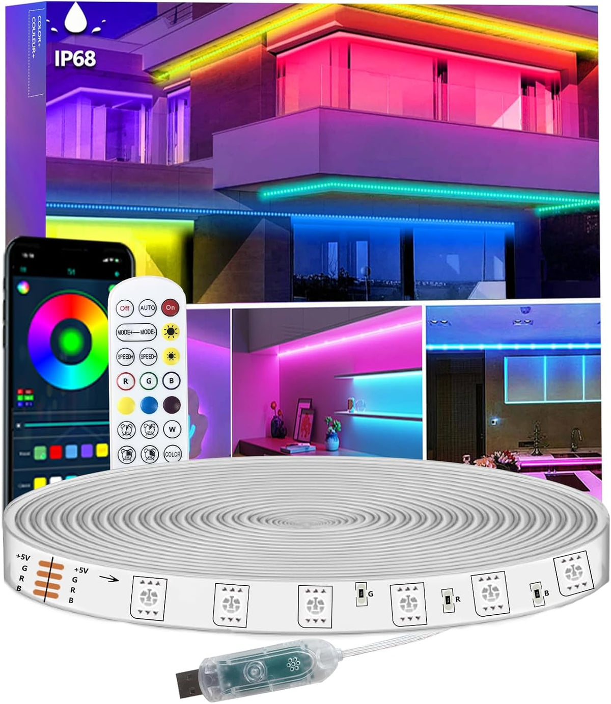 5m LED Strip Lights IP68 Outdoor Waterproof, 5V USB Powered, Music Sync Bluetooth APP/RF Remote Control Lights for Balcony,Deck,Camping,Garden,Bedroom Decor