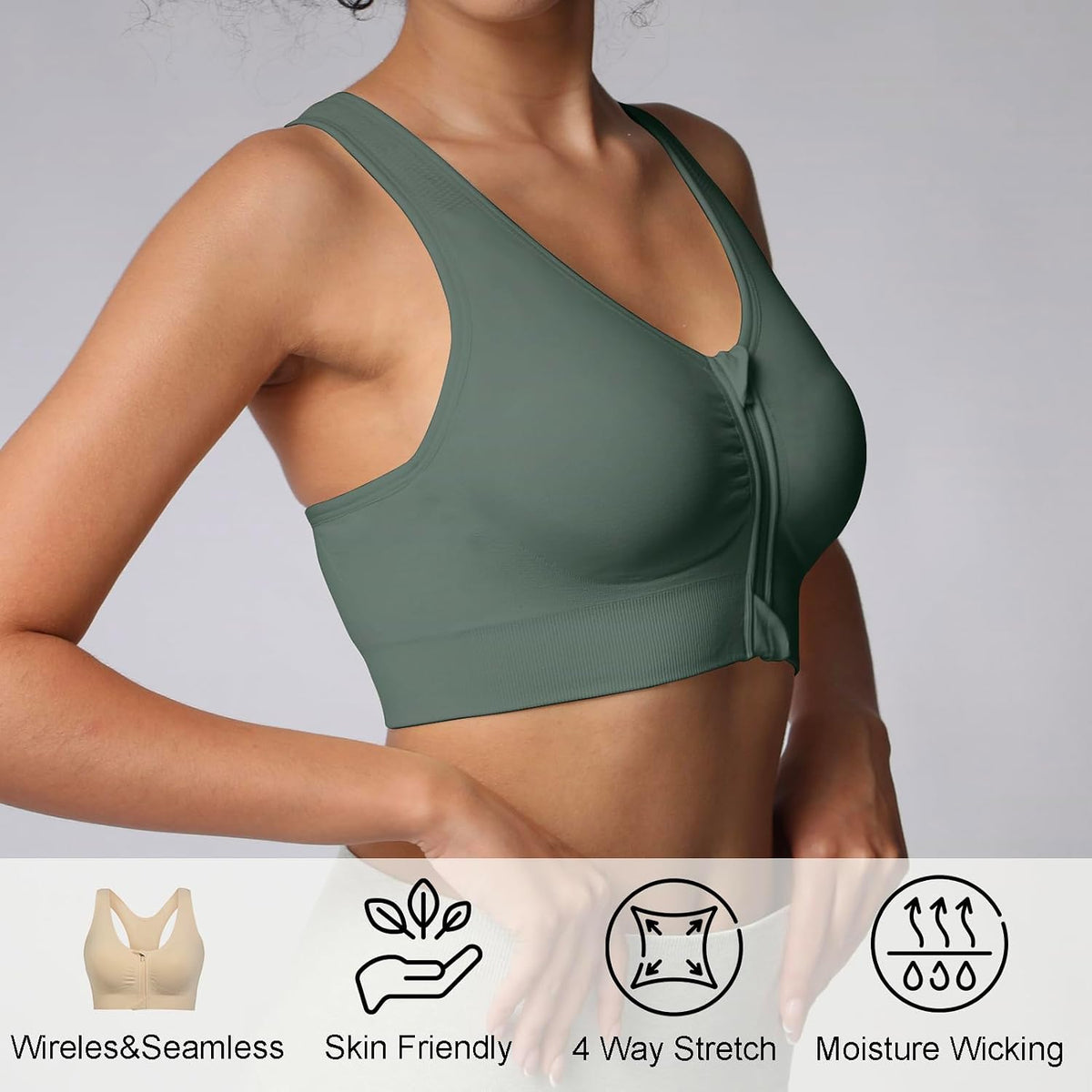 Lemef Front Zipper Sports Bras High Impack Post Op Compression Bras for Women Post Surgery Wireless Racerback Yoga Bra