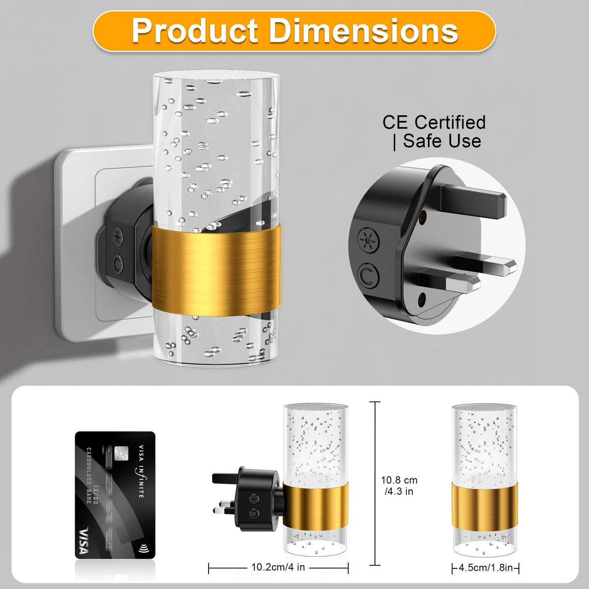 Night Light Plug in Wall with Dusk to Dawn Sensor Modern 2 Pack Gold