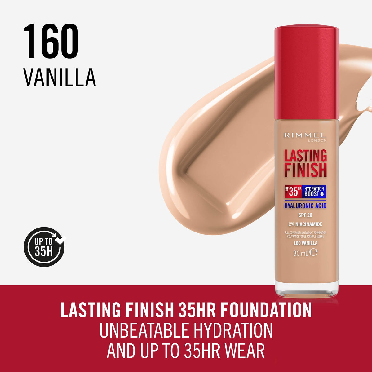 Rimmel Lasting Finish 35Hr Foundation 300 Sand, Full Coverage, Hydrating, SPF20, Hyaluronic Acid, Vitamin E, 2% Niacinamide, All Day Wear, Vegan, Cruelty Free