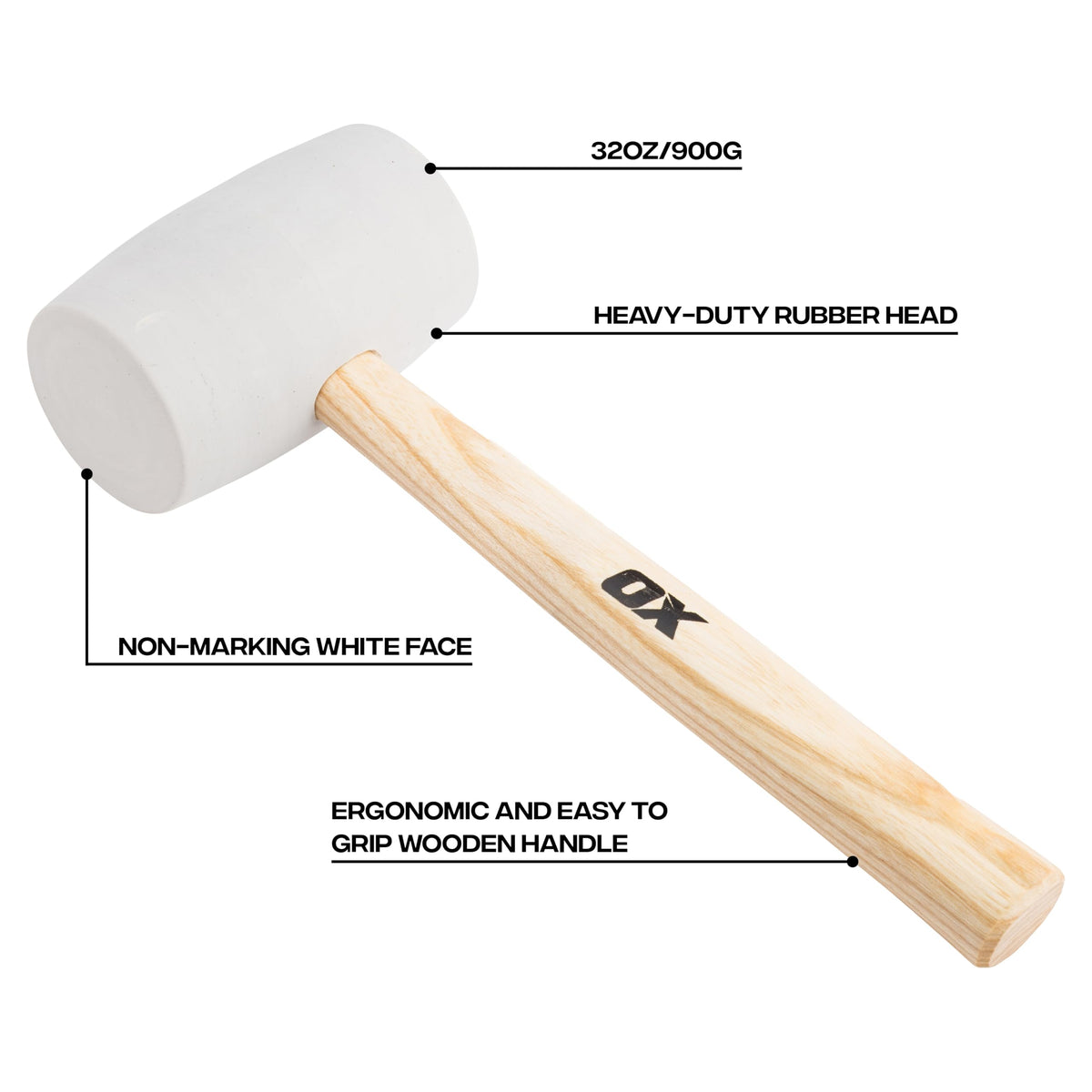 OX Trade Black Rubber Mallet 16oz / 450g, Non-Marking Hammer, Wooden Handle