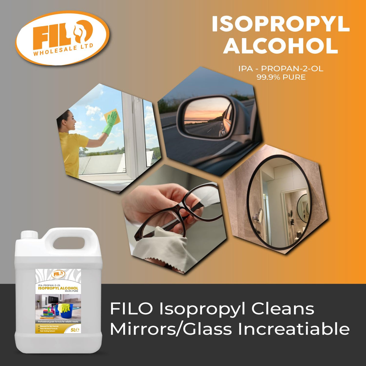 FILO Isopropyl Alcohol 99.9% Pure 1x 5L | Lab Grade IPA | Rubbing Alcohol for Cleaning and Disinfecting | Isopropanol Alcohol Solvent for Electronics, Windows, Glass, Appliances and More