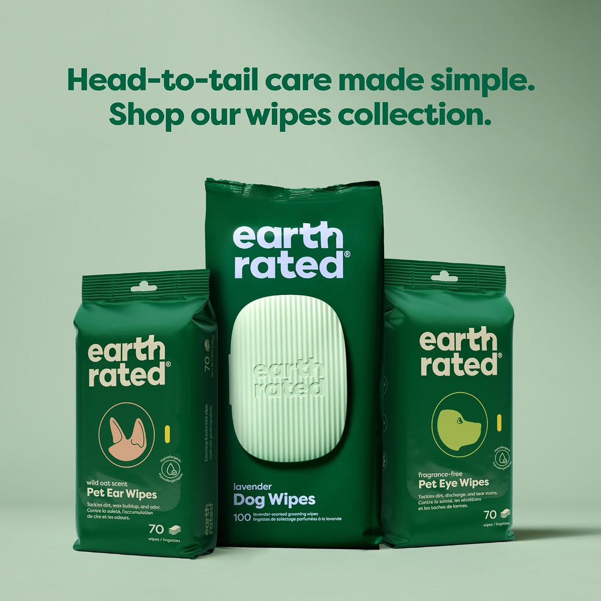 Earth Rated Pet Wipes for Dogs, Hypoallergenic, Cleaning and Hydrating, for Grooming Paws, Body and Bums, Unscented, 100 Count