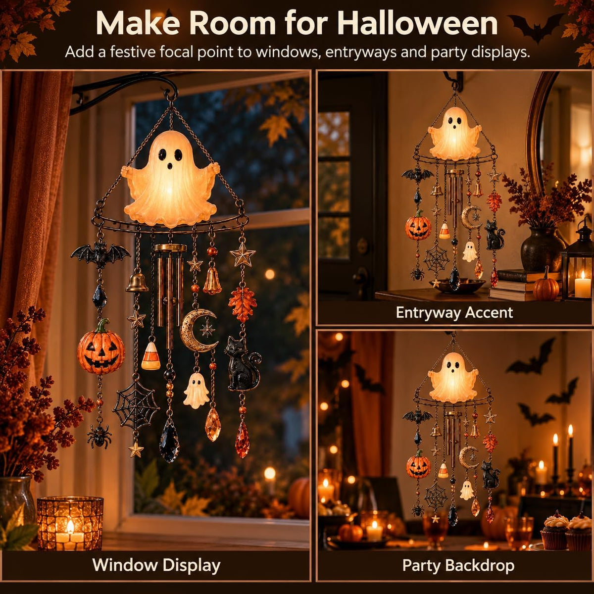 Halloween Ghost Wind Chime, Light Up Hanging Decoration with Pumpkin, Black Cat, Bat and Moon Charms, Warm Glow Halloween Decor for Window and Entryway