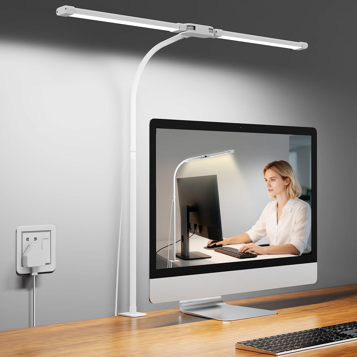 Woputne Dual Head Led Desk Lamp with Clamp for Home Office Study, 24W,Black