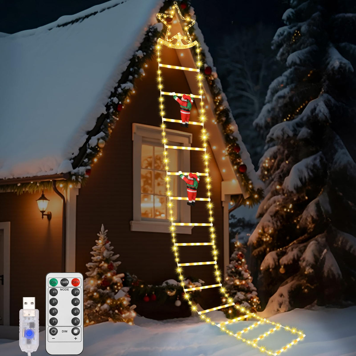 Lewondr 10ft Christmas Ladder Lights with 2 Santa Ladder Climbing, Colorful