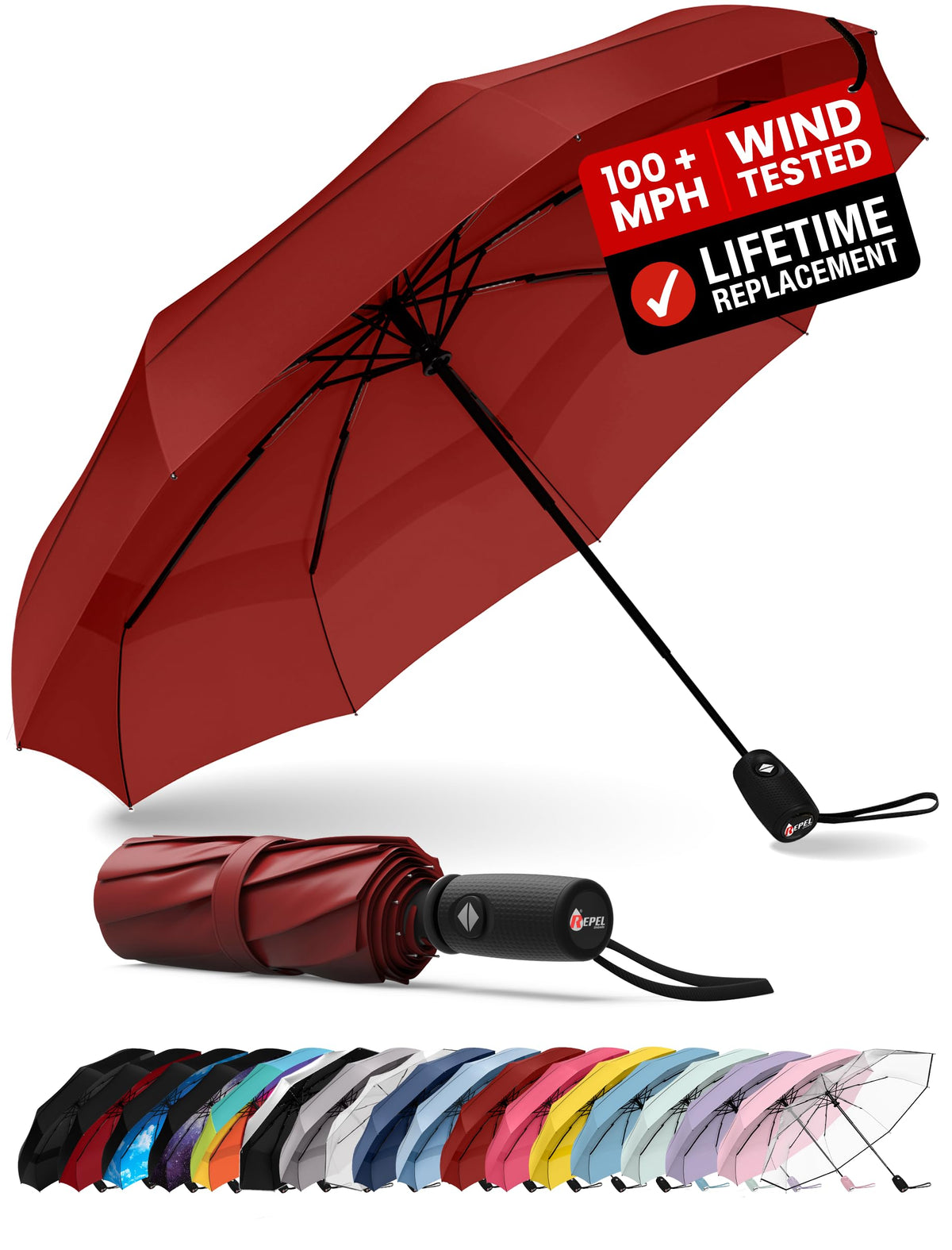 Repel Windproof Travel Umbrella - Compact & Withstands Winds up to 100MPH, Strongest Premium Auto Folding Umbrella for Rain and Sun - Durable, Light & Portable for Women & Men, Fits Backpack & Cars
