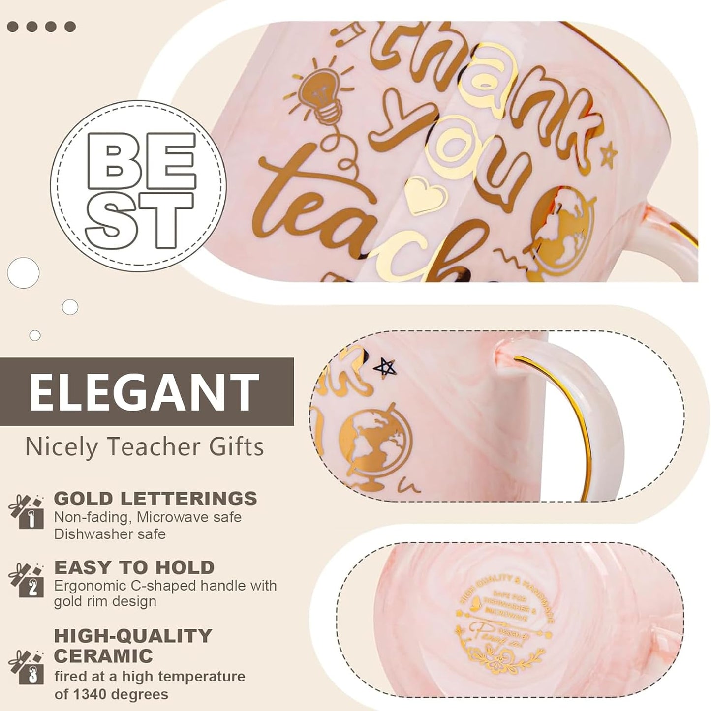 Biching Teacher Gifts - Teacher Appreciation Gifts for Women - Thank You Gift for End of Year, Back to School, Birthday, First-Day, 14oz Pink Marble Coffee Mug with Luxury Presentation Box