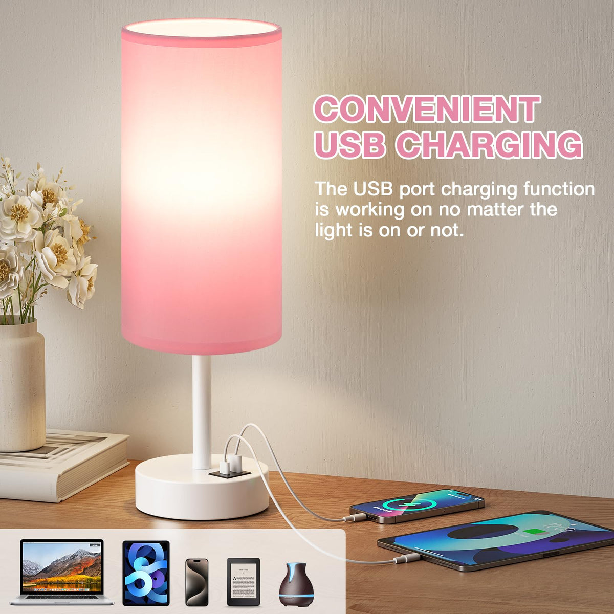 Aooshine Grey Table Lamp, 3-Way Dimmable, USB A + C Charging