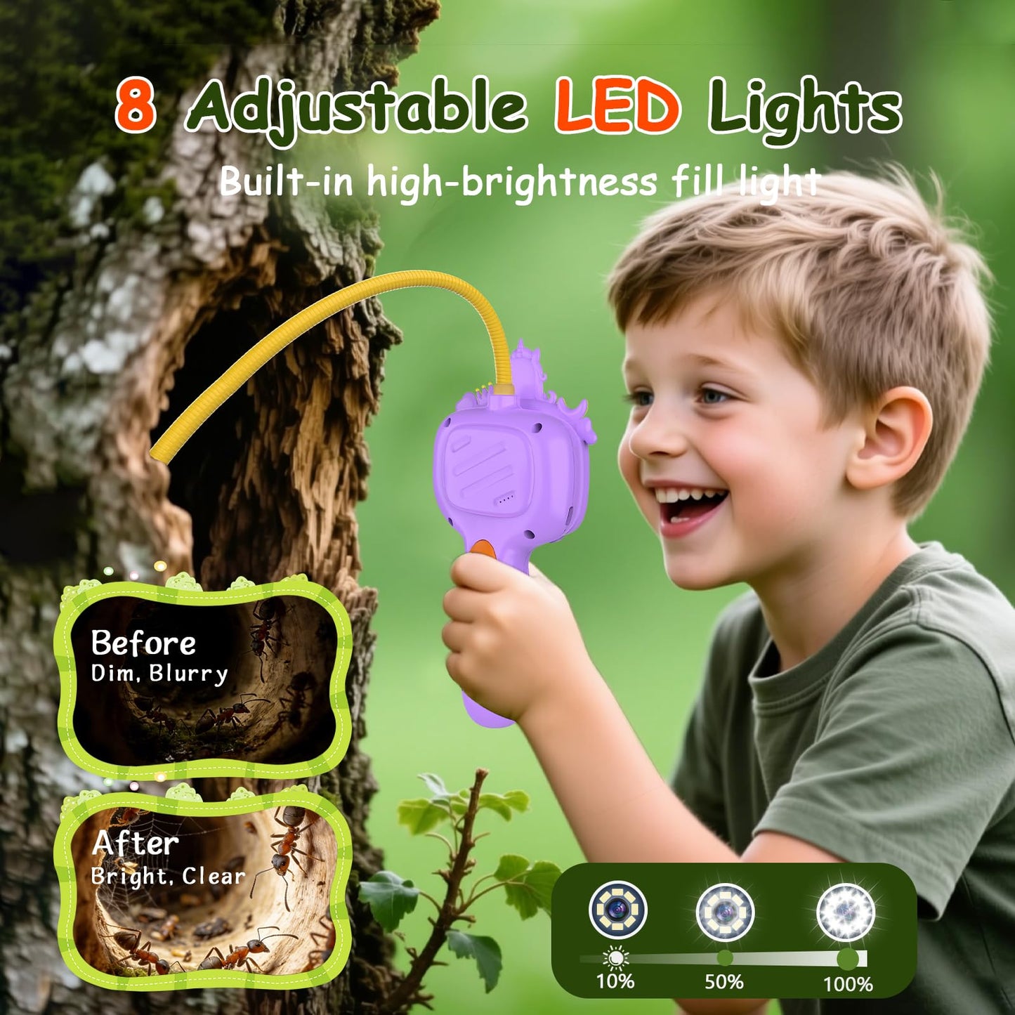 Kids Endoscope Camera with Light, Educational Science Toys Kit, Best Birthday Gifts for 4,5,6,7,8,9,10 Years old Boys & Girls, for Outdoor Camping Nature Exploration Activities (Purple)