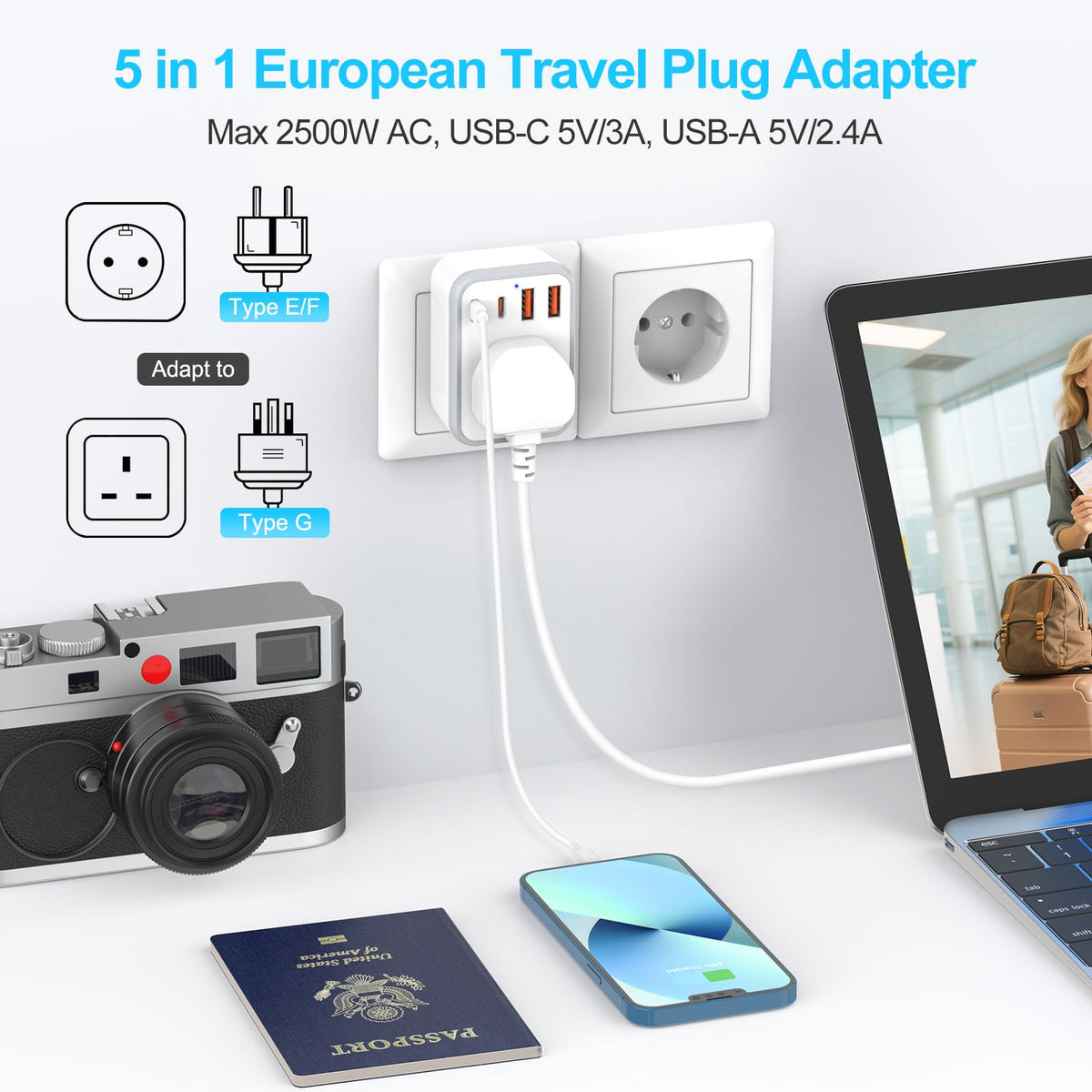 UK to European Travel Plug Adapter Fast Charge PD 20W USB-C QC 3.0