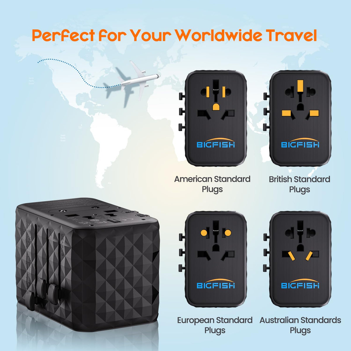 Bigfish Universal Travel Adapter with 35W USB-C PD Fast Charging (C3 Port)