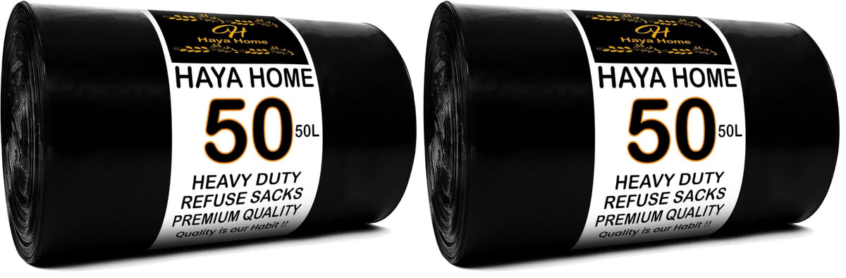 Haya Home 50L 50 Bin Bags Heavy Duty Bin Liners, Black Plastic Refuse Sacks large Garbage Waste Dustbin Bags for Kitchen Home Office DIY Garden from 100% Recycled Material
