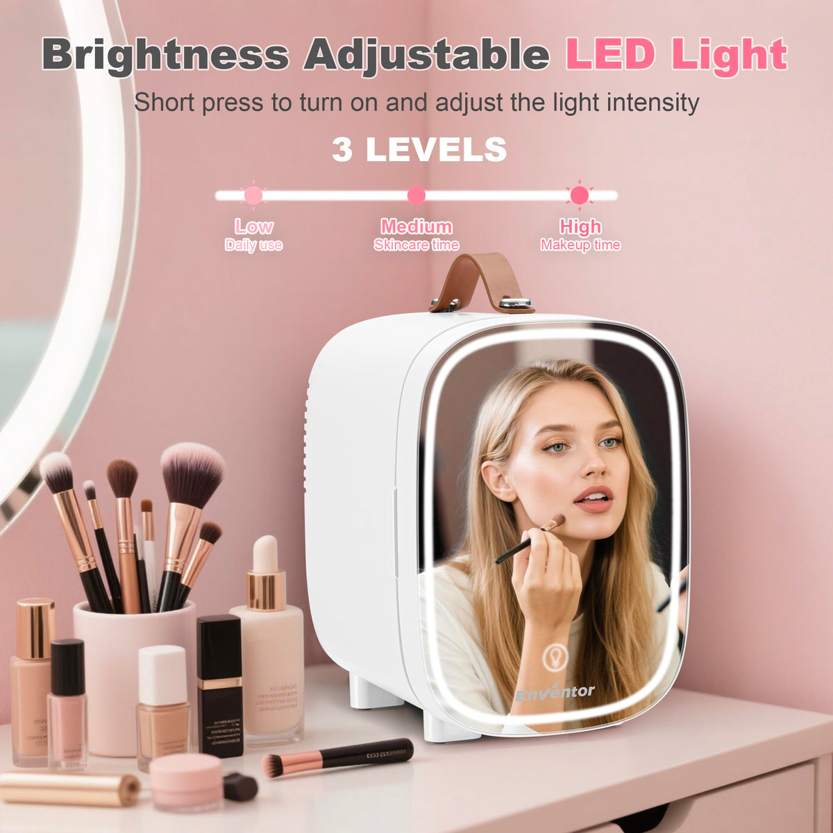 Enventor Mini Fridge 4L/ 6 Can, 3-Level Dimmable LED Mirror, AC+12V DC