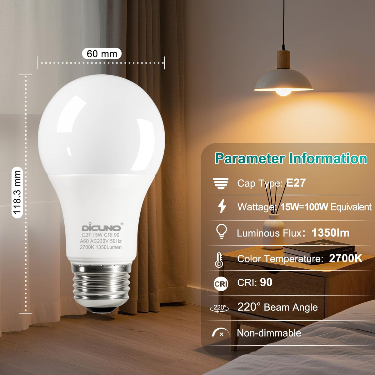 DiCUNO E27 Screw LED Bulb, 9W=60W, Daylight White 5000K, 806LM, 2Pcs