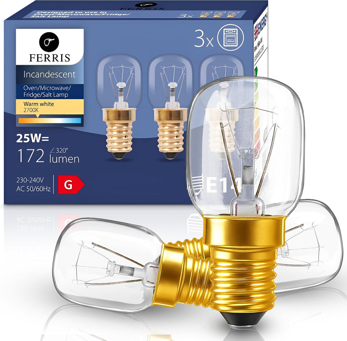 FERRIS 3 Pack E14 Oven Bulbs 25W | Ultra Heat-Resistant >320°C | 2700K Warm White Dimmable SES Incandescent Light | Long Life Small Screw Bulb for Ovens, Microwaves, Fridges & Salt Lamps