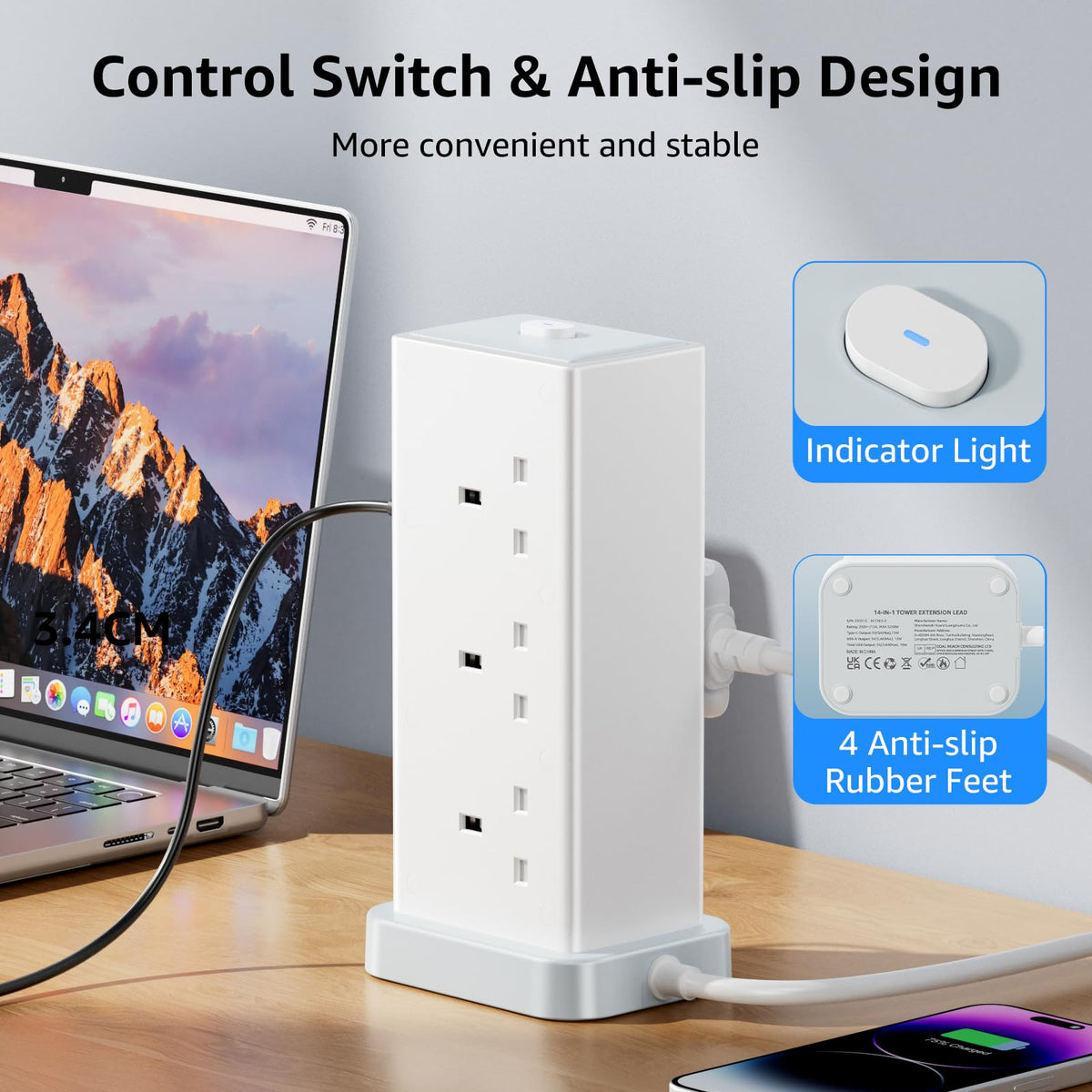 Tower Extension lead with USB Slots,6 Way Plug Extension Socket 3 Metres