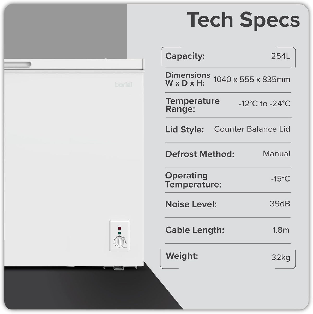 Baridi 299L Freestanding Chest Freezer with Adjustable Thermostat, Black - DH261