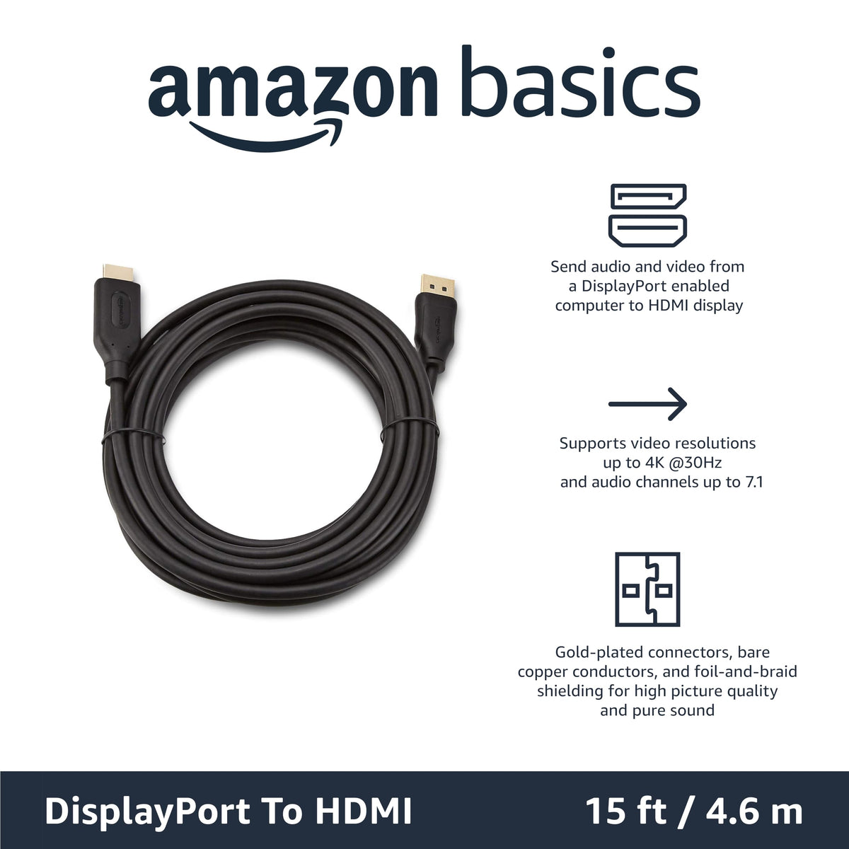 Amazon Basics DisplayPort to HDMI Display Cable, Uni-Directional, 4k@30Hz, 1920x1200, 1080p, Gold-Plated Computer Monitor Projector Plugs, 6 foot - Pack of 10, Black