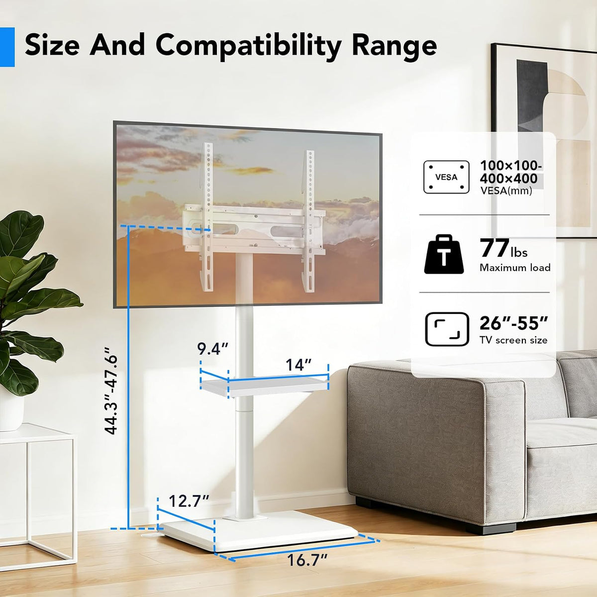 Floor TV Stand with Mount for 26-55 inch TVs up to 35 kg, Height Adjustable Swivel Tilt TV Stand with Wood Base & Shelf, Saving Space Design for Bedroom, Living Room and Corner, White