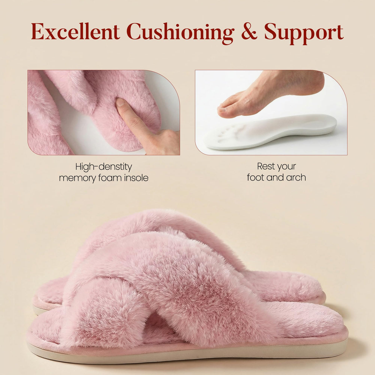 Ankis Women Slippers Fluffy Slippers Memory Foam, Cross Band Furry Open Toe Slippers Cozy Plush Home Shoes Indoor Outdoor Anti-Slide Slipper