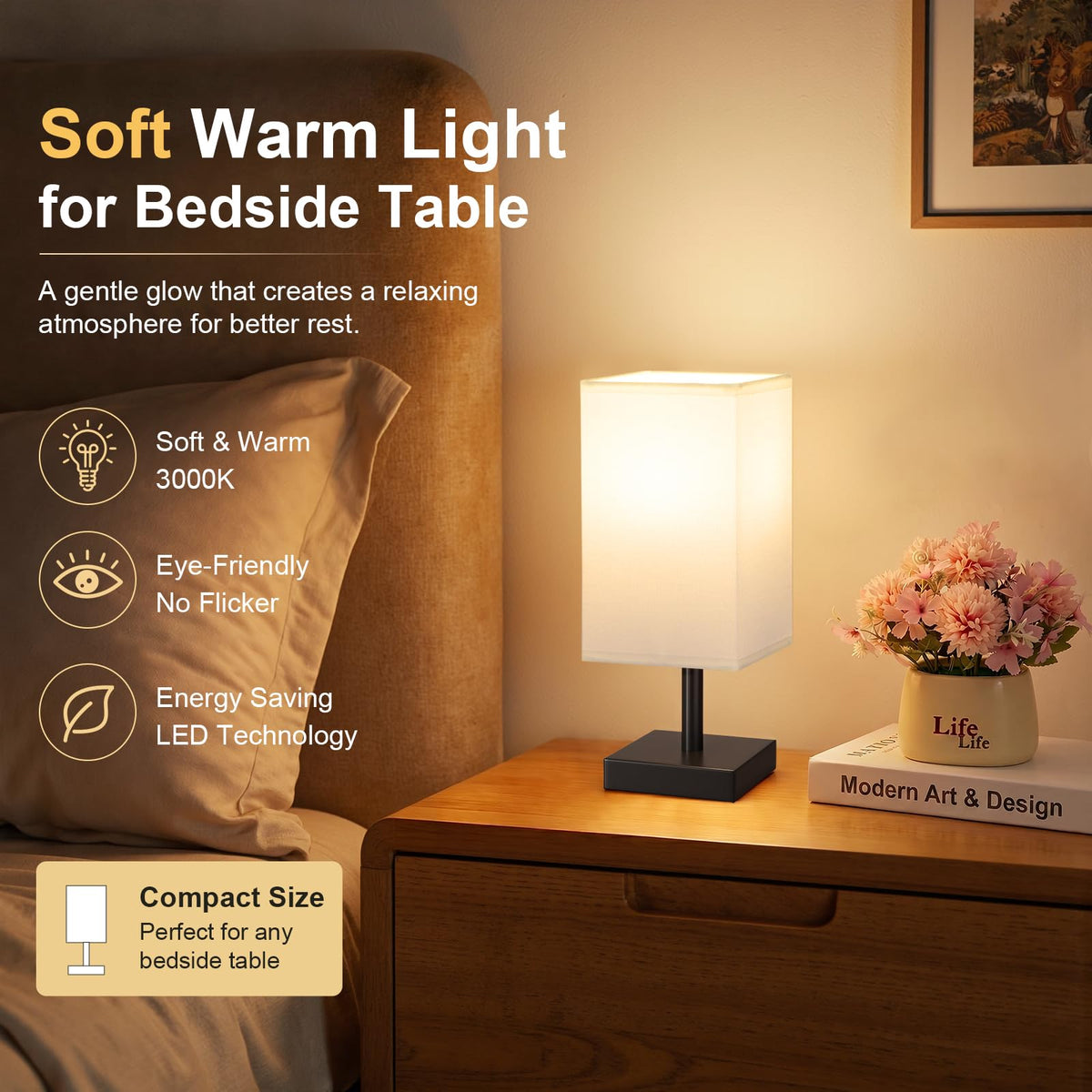 White Table Lamp for Bedroom, Small Bed Lamp with for Bedroom, Silver Base(Bulb Included)
