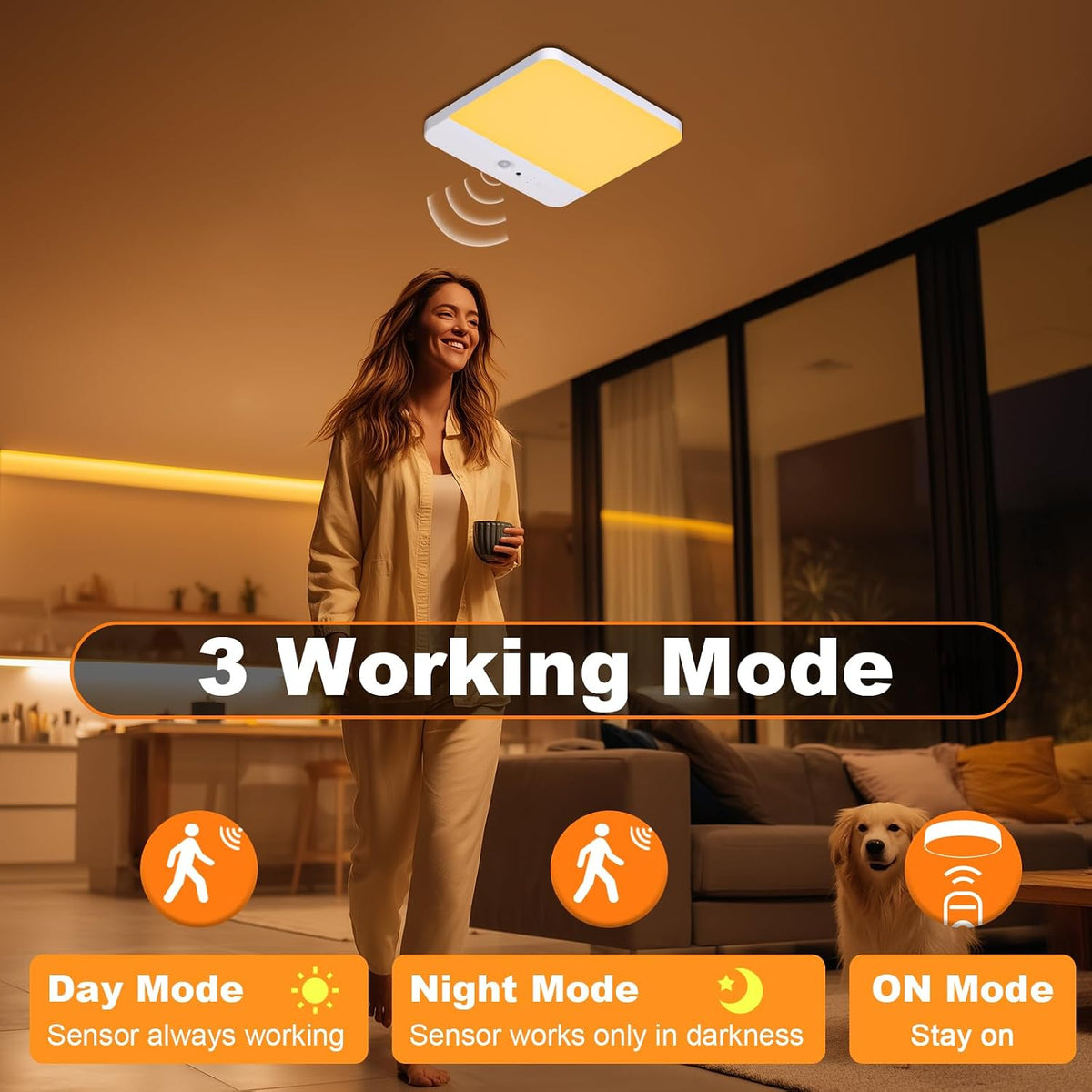 Motion Sensor Rechargeable LED Ceiling Light, Size 7.3", White, 1PCS