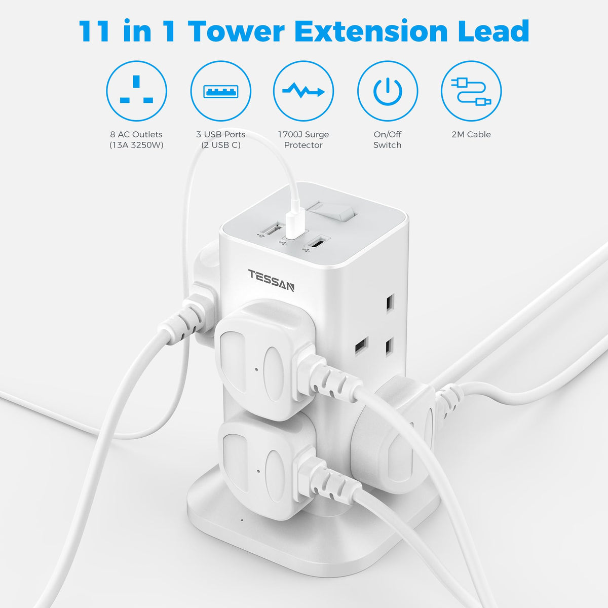 TESSAN Tower Extension Lead with USB C Slots