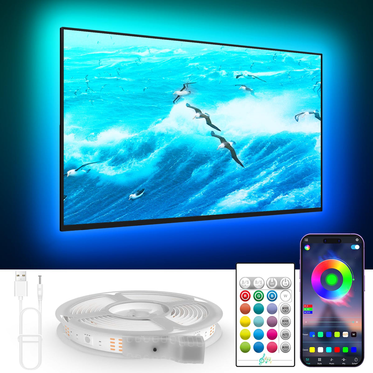 KANTUTOE TV Lights, 4m RGB LED Strip Lights for 32-55 Inch TV, Music Sync Bluetooth APP and Remote Control, USB Powered for Gaming/Bedroom
