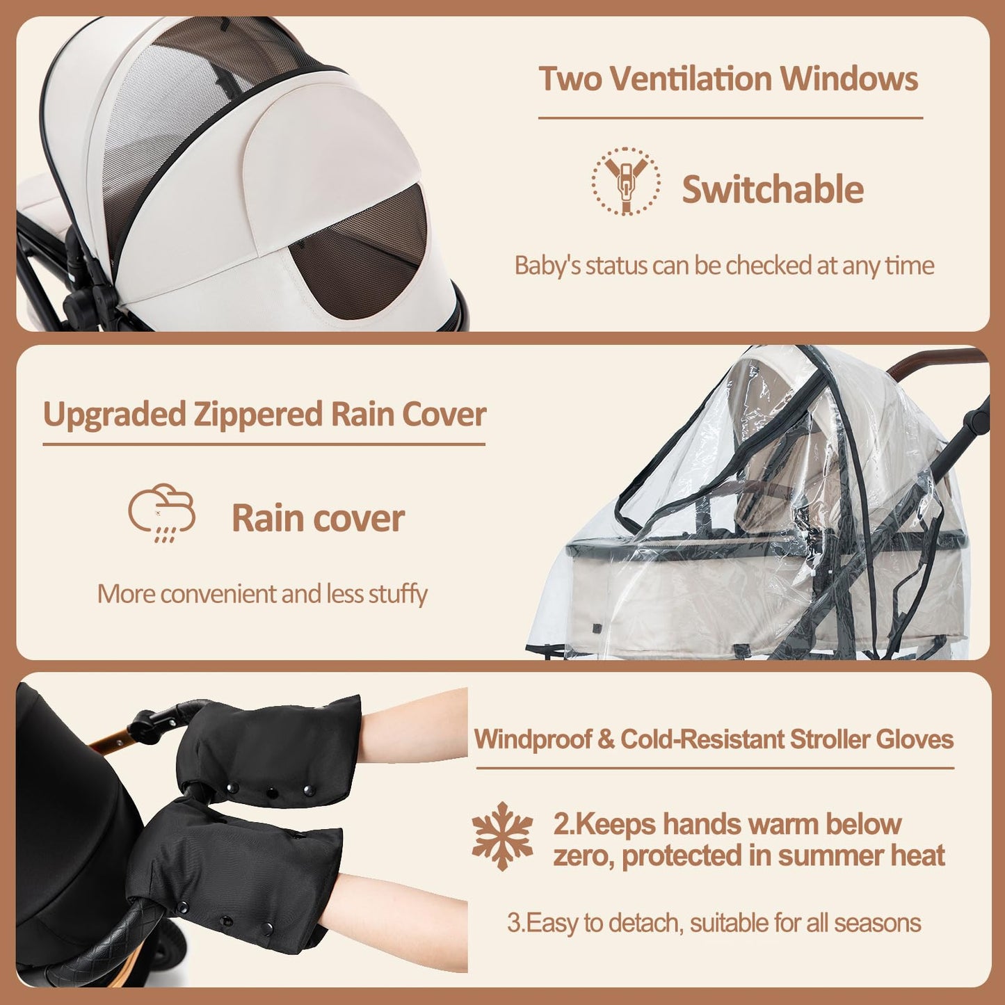 Zkipm Baby Pram 3 in 1, Foldable Baby Stroller,Pram Set Travel with Adjustable-Height Push Handle, Present Rain Cover, Mosquito Net, Bag, Cooling Mat, ect for Ages 0–3